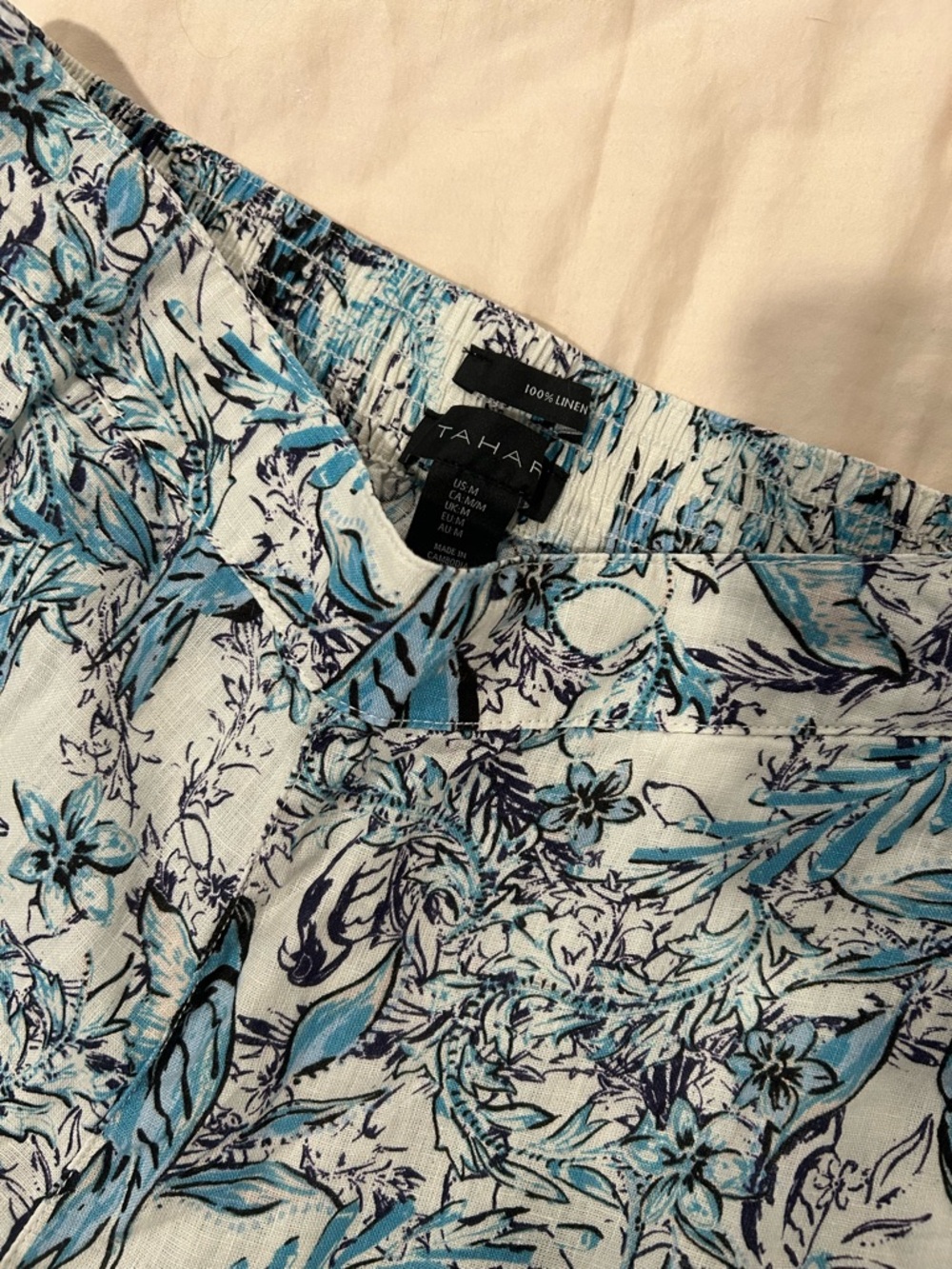 Tahari White Linen Pants with Aqua and Navy Floral Motif